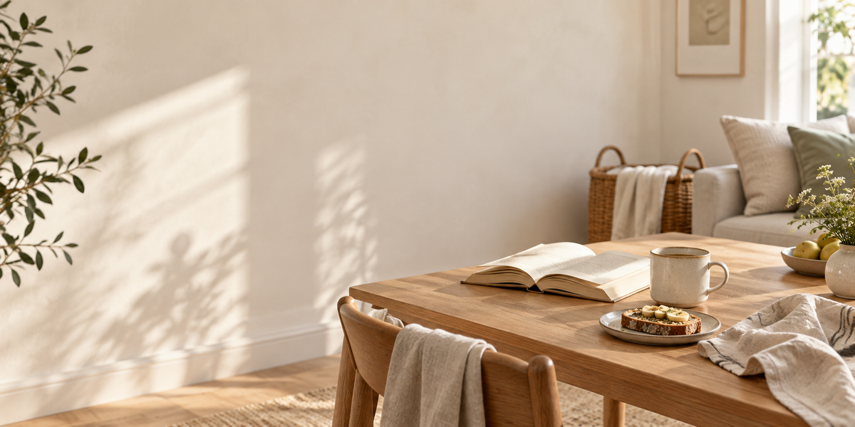 Morning sunlight across an oak table with a ceramic mug, an open book and soft linen in a warm home.